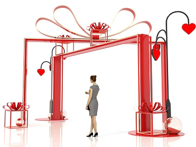 Red Event Gateway With Bow Gift Box Heart Shapes And Street Lamp Decorations 3d model