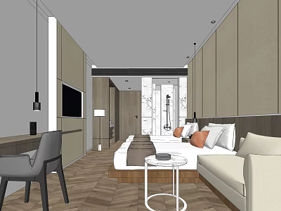 Hotel Room Interior Design With Herringbone Wooden Floor Sofa Round Table TV And Pillows 3d model