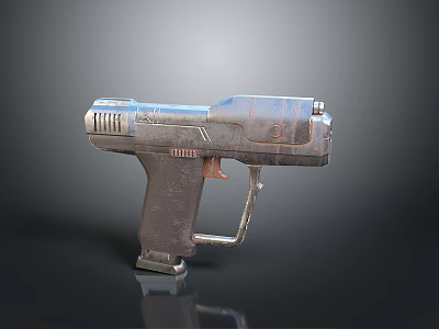 Sci-Fi Pistol Weapon with Metallic Surface Worn Texture and Mechanical Design Details 3d model