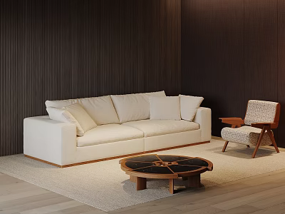 Modern White Sofa Coffee Table Set with Wicker Chair Dark Wooden Wall and Rug 3d model