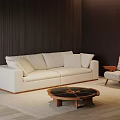 Modern White Sofa Coffee Table Set with Wicker Chair Dark Wooden Wall and Rug