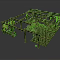 Wooden Building Structure with Wooden Floor Stones Hanging Lanterns and Table Stools