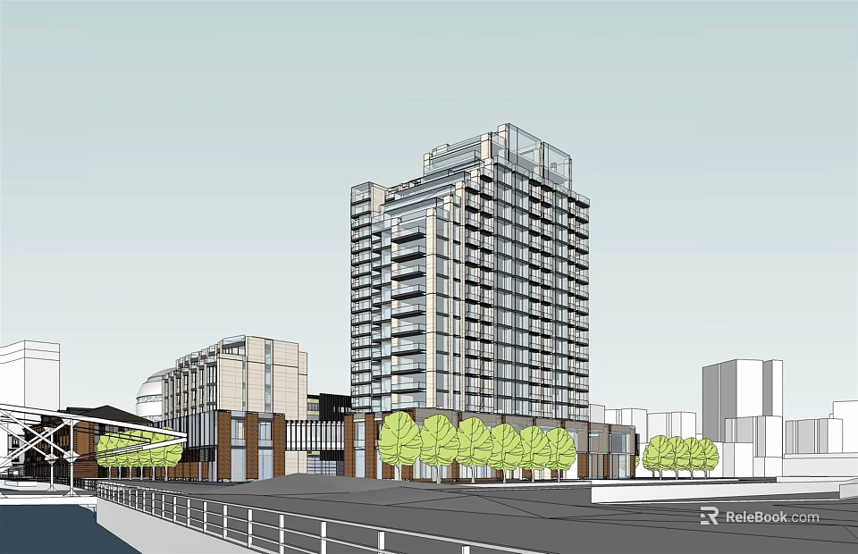 Modern Commercial Complex With Tall Building Low Rise Structures Trees And Surrounding Road 3d model