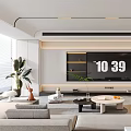 Modern Living Room Interior Design With TV Wall Flat Screen TV Sofas Coffee Tables And Plants