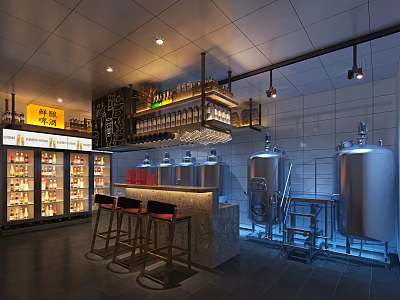 Industrial Workshop Interior Featuring Silver Fermenters Bar Counter Stools Refrigerated Display Cases and Pendant Lights 3d model