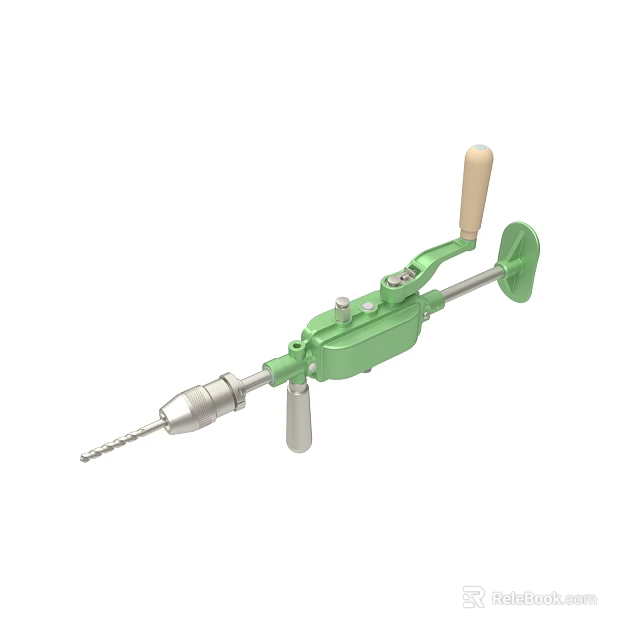 Green Manual Hand Drill With Wooden Handle And Metal Crank For Precision Drilling Tasks 3d model 