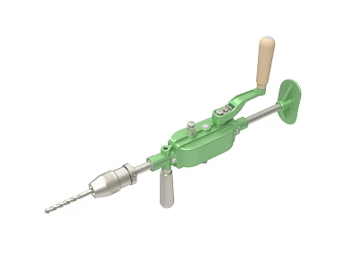 Green Manual Hand Drill With Wooden Handle And Metal Crank For Precision Drilling Tasks 3d model