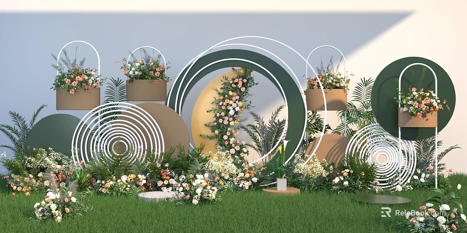 Outdoor Photo Check In Spot With Green Grass And Circular Ring Flower Decorations 3d model 