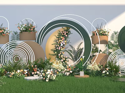 Outdoor Photo Check In Spot With Green Grass And Circular Ring Flower Decorations 3d model