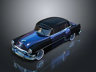 Vintage Classic Black Car With Blue Reflective Finish Chrome Details And White Wall Tires 3d model