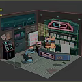 Cartoon Scene Featuring Futuristic Counter Neon Sign Screens Control Panels And Characters