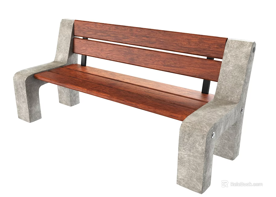 Outdoor Bench With Wooden Slats Backrest And Seat On Concrete Frame 3d model 