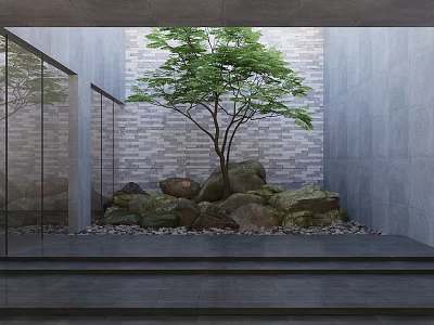 Relaxation Area Featuring Glass Walls Rock Arrangement Green Tree Pebbles Gray Stone Flooring And Steps 3d model