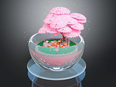Decorative Ornament Set with Transparent Glass Bowl Pink Blossom Tree and Small Decorations on Tray 3d model