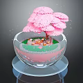 Decorative Ornament Set with Transparent Glass Bowl Pink Blossom Tree and Small Decorations on Tray