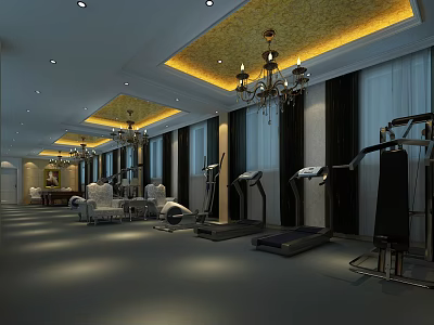 Elegant SPA Sauna Fitness Area With Treadmills White Sofas And Decorative Chandeliers 3d model