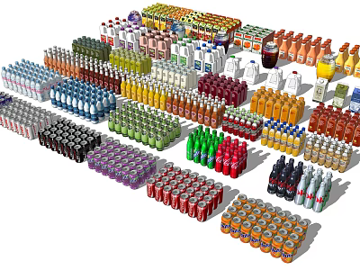 Colorful Assorted Beverages Neatly Arranged in Display with Multiple Bottles and Cans 3d model