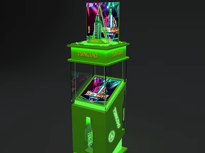 Green Tsingtao Product Display Shelf With Transparent Glass Showcase And Illuminated Top Sign 3d model