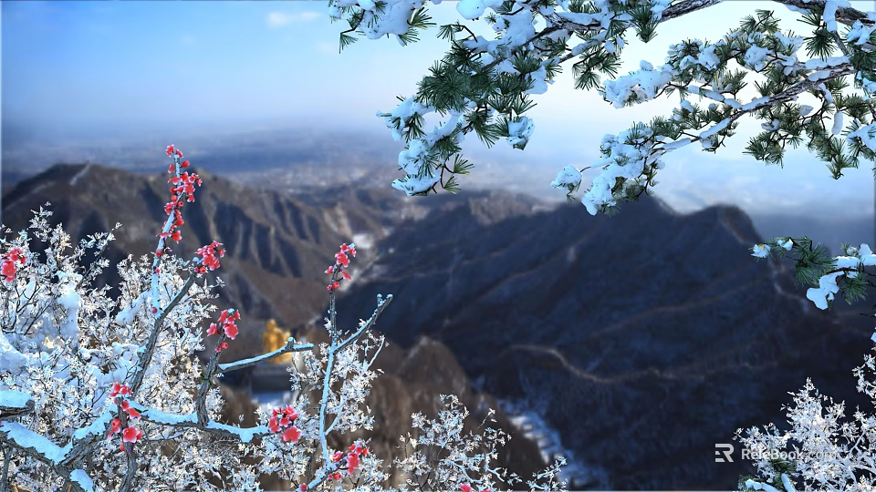 Snow Covered Arbor Branches With Red Flowers Against Mountain Range And Blue Sky 3d model 