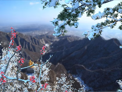 Snow Covered Arbor Branches With Red Flowers Against Mountain Range And Blue Sky 3d model