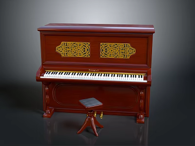 Elegant Red Wooden Piano with Intricate Golden Carvings and Matching Stool for Home Living 3d model