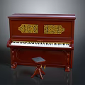 Elegant Red Wooden Piano with Intricate Golden Carvings and Matching Stool for Home Living