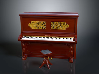 Elegant Red Wooden Piano with Intricate Golden Carvings and Matching Stool for Home Living 3d model