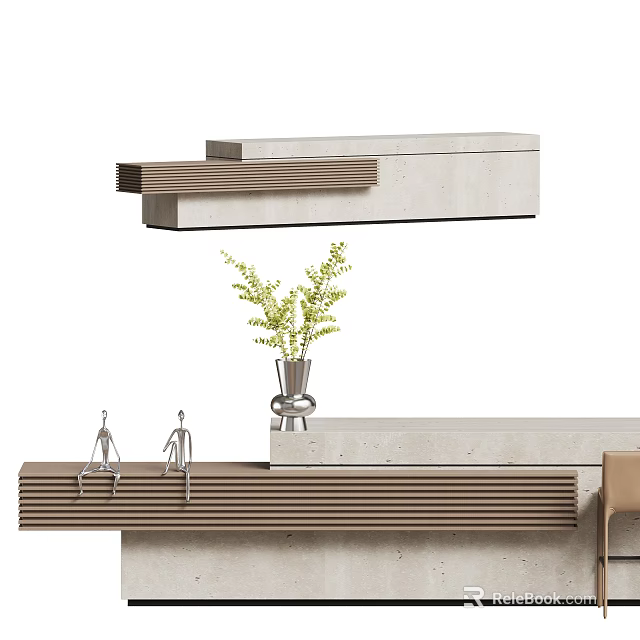 Modern Reception Desk Front Design With Wooden Slats And Potted Plant Decor Accents 3d model 