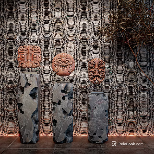 Decorative Ornament Combination on Textured Wall Featuring Carved Masks and Hollow-out Decorative Pieces 3d model 