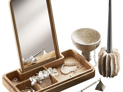 Wooden Jewelry Box With Mirror Comb Necklace Earrings And Storage Compartments 3d model