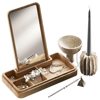 Wooden Jewelry Box With Mirror Comb Necklace Earrings And Storage Compartments 3d model