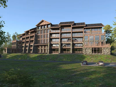 Hotel Building With Wooden And Stone Exterior In Green Natural Surroundings With Lawn And Trees 3d model