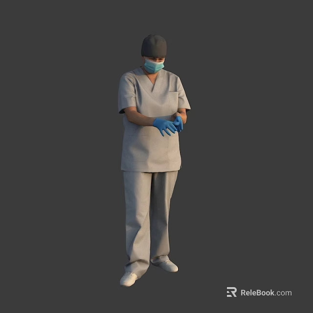 Woman Putting On Blue Gloves In Gray Scrub Suit With Face Mask And Cap 3d model 