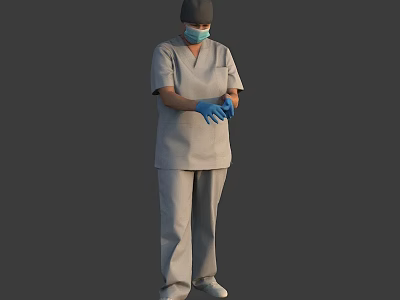 Woman Putting On Blue Gloves In Gray Scrub Suit With Face Mask And Cap 3d model