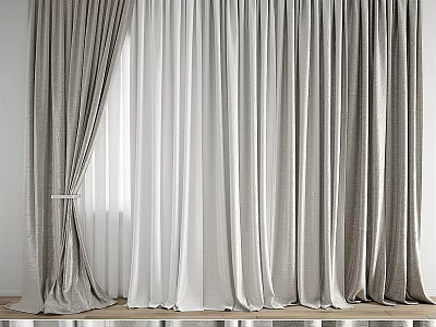 Elegant Textured Gray and White Layered Curtains with Tieback in Modern Interior 3d model