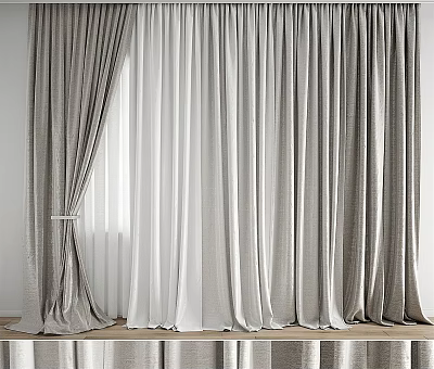 Elegant Textured Gray and White Layered Curtains with Tieback in Modern Interior 3d model