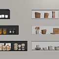 Stylish Kitchenware Display On Black And White Shelves With Bowls Mugs Jars And Plates