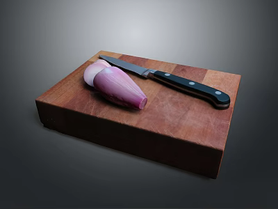 Sliced Purple Onion On Wooden Cutting Board With Black Handle Knife 3d model