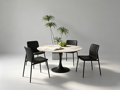 Modern Round Negotiation Table with Black Chairs Book Green Fruits and Plants 3d model