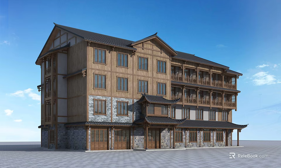 Traditional Chinese Hotel Building with Wooden Structure Stone Wall Balconies Multiple Windows and Oriental Design 3d model 