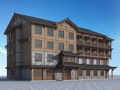 Traditional Chinese Hotel Building with Wooden Structure Stone Wall Balconies Multiple Windows and Oriental Design 3d model
