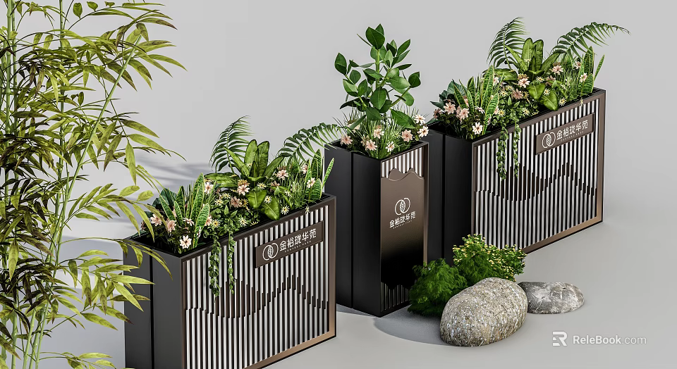 Outdoor Black Metal Planters With Green Plants Flowers Bamboo And Stones For Tianmei City 3d model 
