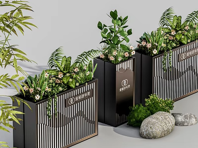 Outdoor Black Metal Planters With Green Plants Flowers Bamboo And Stones For Tianmei City 3d model