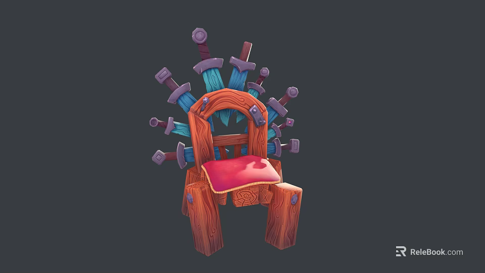 Wooden Chair Featuring Red Cushion And Multiple Swords As Decorative Elements 3d model 