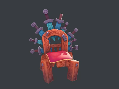 Wooden Chair Featuring Red Cushion And Multiple Swords As Decorative Elements 3d model