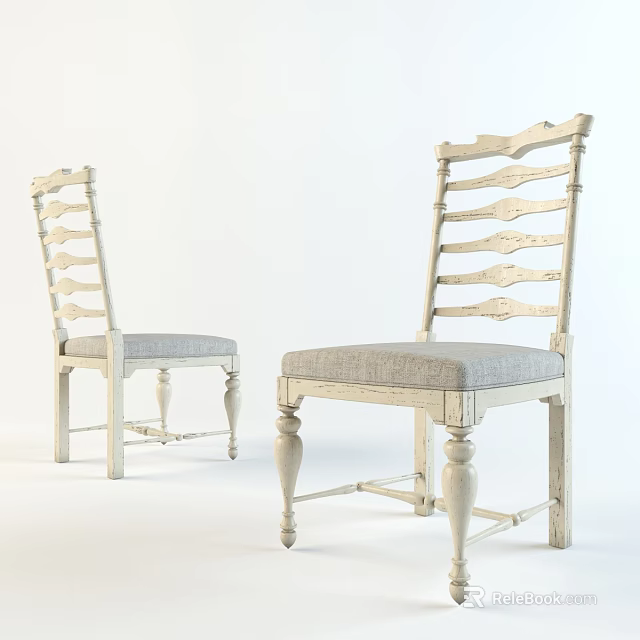 Rustic Wooden Leisure Chair With Curved Backrest Slats And Soft Linen Seat Cushion 3d model 