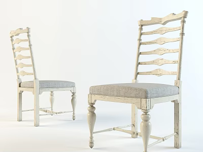 Rustic Wooden Leisure Chair With Curved Backrest Slats And Soft Linen Seat Cushion 3d model