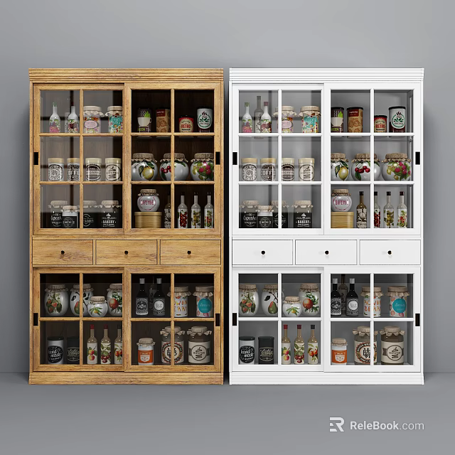 Wooden and White Sideboard with Glass Doors Drawers and Storage Bottles Jars 3d model 