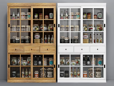 Wooden and White Sideboard with Glass Doors Drawers and Storage Bottles Jars 3d model