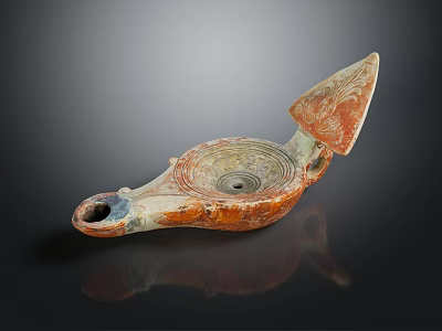Ancient Carved Oil Lamp In Red Brown With Blue Accents And Decorative Handle 3d model